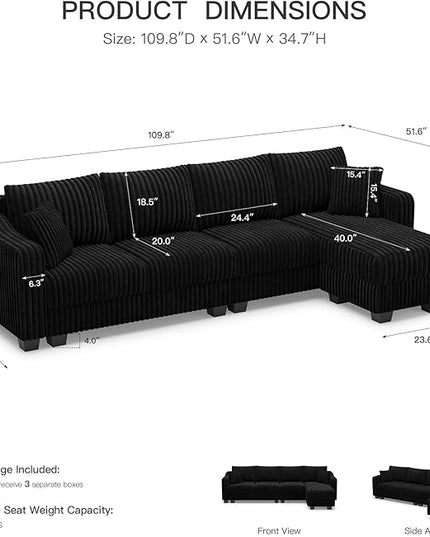 Belffin Sectional Couch with L-Shape Chaise L Shaped Couch with Ottoman Sectional Couches for Living Room Corduroy (Black, L Shaped)