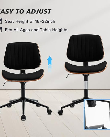 Armless Desk Chair with 360°Swivel Wheels, Ergonomic Adjustable Height Computer Chair for Home Office,PU Leather with Modern Walnut Drafting Chairs for Office, Reading Nook(Black)