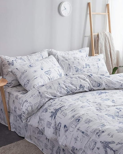 CLOTHKNOW Kids Comforter Set Twin/Twin XL 3Pcs Cartoon Vehicle Bedding Comforter Sets Blue White Comforter Boys Bedding Twin Tank Aircraft Pattern