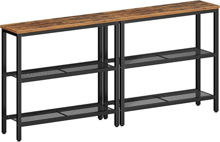 HOOBRO 29.5" Narrow Console Table, Set of 2, 3-Tier Entryway Table, Thin Sofa Table with Shelves, Side Table, Display Table, for Hallway, Entrance, Living Room, Rustic Brown and Black BF73XGP201