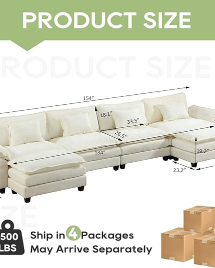154" Modular Sectional Sofa, Comfy Cloud Couch Sectional Sofa with Ottoman, Chenille Sofa Sleeper Deep Seat Sofa with Throw Pillows for Living Room (Beige White, 154"- U Shape)