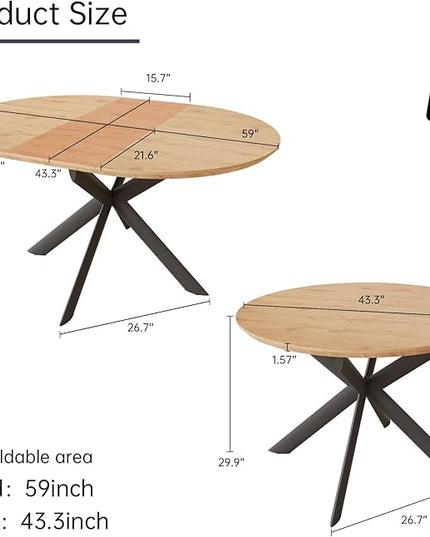 43.2"-59.1" Extendable Round Dining Table, Mid Century Modern Wooden Round Table, Leisure Oak Coffee Table,Saving Space