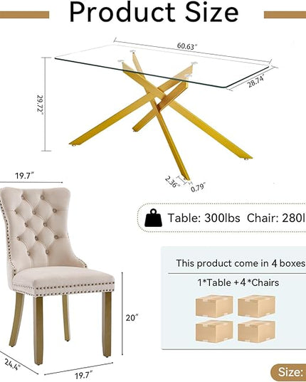 Modern 5-Piece Glass Dining Table Set for 4, Modern 60" Rectangle Gold Glass Dining Room Table Set with Beige Velvet Tufted Chairs Wood Legs for Kitchen Dining Room