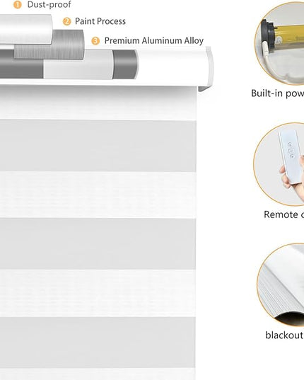 Motorized Zebra Blinds Rechargeable with Remote Blackout Cordless Zebra Shade Smart Electric Curtains for Windows and Privacy Light Filtering Roller Shades, 27" W x 72" H White