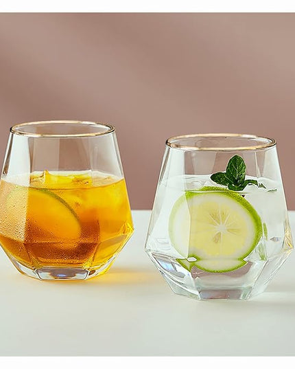 XKXKKE Diamond Wine Glasses Set of 6, 10 OZ Modern Stemless Gold Rim Glass Cups Clear Drinking Glassware for Serving Party, Home, Bar, Restaurants, Transparent 6 Pack