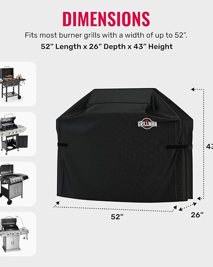 Grillman Grill Cover, BBQ Outdoor Grill Covers, Charcoal, Gas Grills, Waterproof, Rip-Proof, Weather-Resistant, Anti-UV, Barbecue Cover for Weber, Genesis, Charbroil, Nexgrill, etc (Black, 52 Inch)