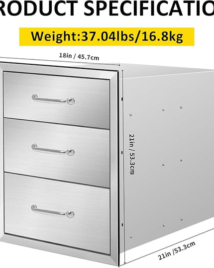 Outdoor Kitchen Drawers 18" W x 21" H x 21" D Flush Mount Triple BBQ Drawers with Chrome Handle Stainless Steel Drawer for Outdoor Kitchen Island, Patio Grill Station