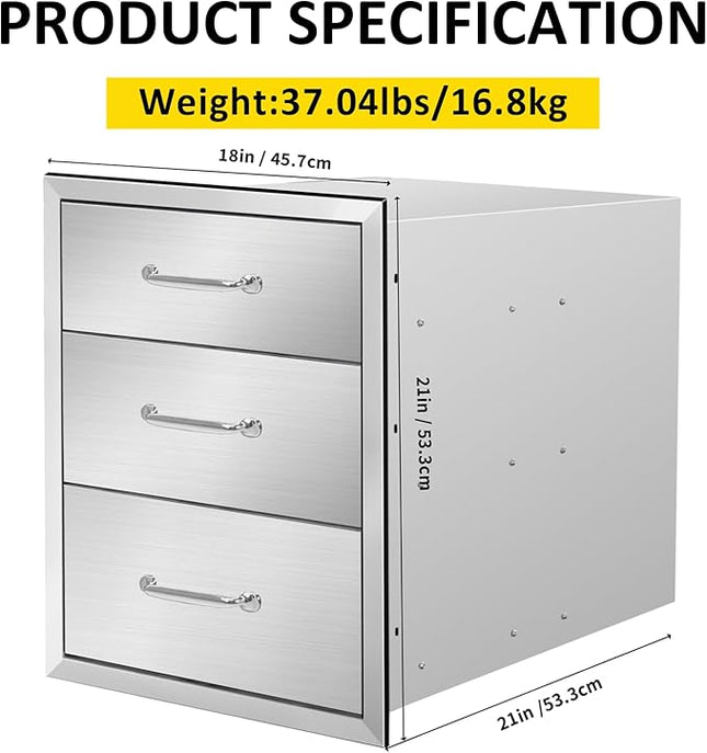 Outdoor Kitchen Drawers 18" W x 21" H x 21" D Flush Mount Triple BBQ Drawers with Chrome Handle Stainless Steel Drawer for Outdoor Kitchen Island, Patio Grill Station