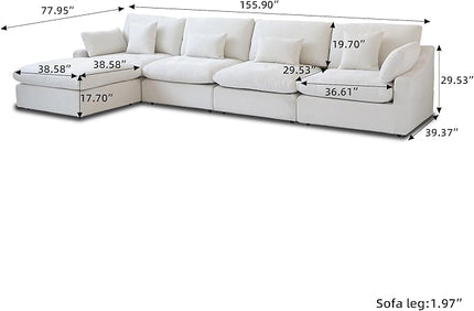 Cloud Couch Modular Sectional Sofa,156" L Shaped Couch, Oversized Down Filled Convertible Wide Seater,4 Seater with Ottoman for Living Room Set, Covers Washable&Replaceable,White