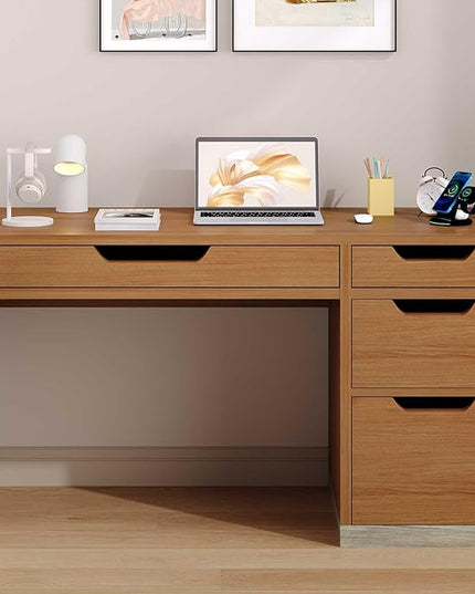 52 Inch Desk with 4 Drawers, Small Computer Desk for Small Space, Home Office Desk with Storage File Cabinet for Bedroom, Brown