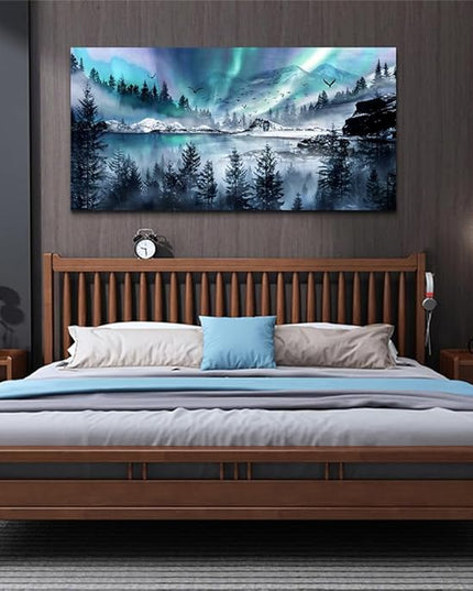 hyidecorart Large Wall Decorations For Office Canvas Wall Art For Living Room Stretched And Framed Canvas Prints Paintings Blue Aurora Scenery Wall Pictures Artwork Ready To Hang Hotel Mural 48x24