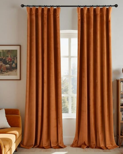 KOUFALL Rustic Autumn Velvet Black Out Curtains 96 Inch Long 2 Panel Set for Sliding Glass Doors,Blackout Pleated 8FT Length Floor to Ceiling Track Curtains with Hooks Mount System