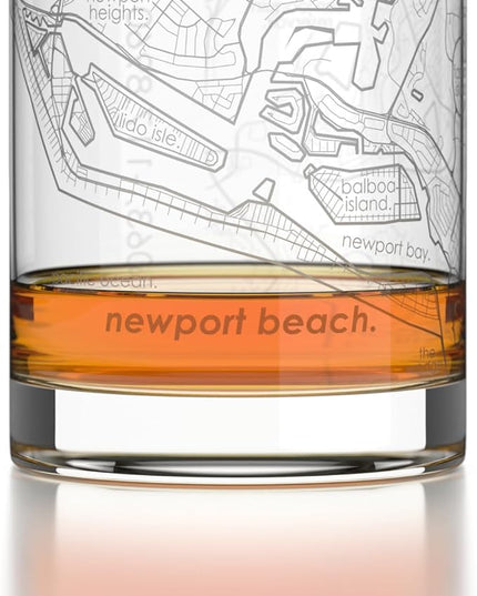 Well Told Engraved Newport Beach California Map Rocks Glass, Old Fashioned Glassware (11 oz, Clear) Etched Bourbon Tumbler, Gifts For Whiskey Lovers
