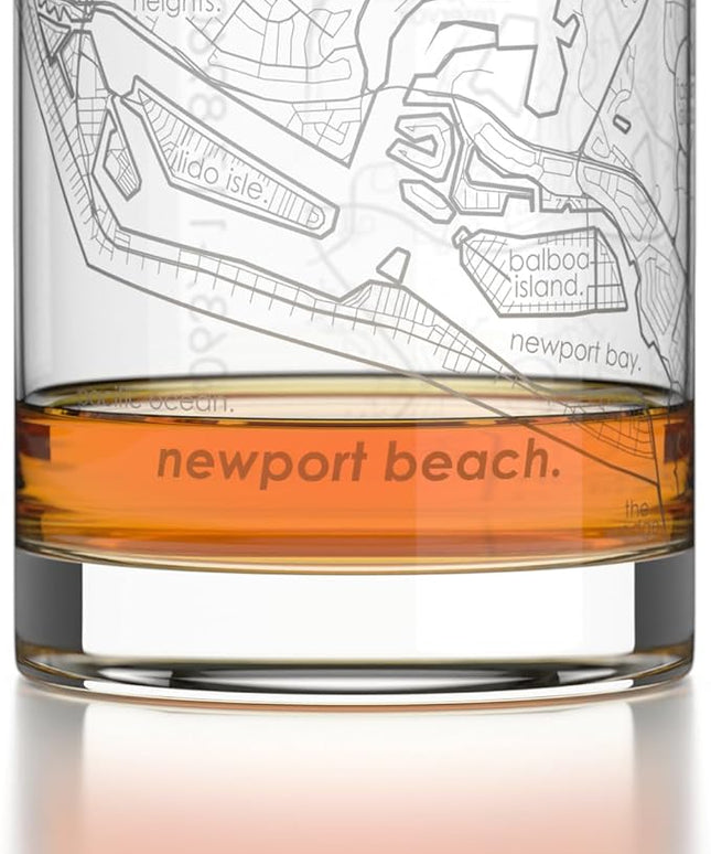 Well Told Engraved Newport Beach California Map Rocks Glass, Old Fashioned Glassware (11 oz, Clear) Etched Bourbon Tumbler, Gifts For Whiskey Lovers