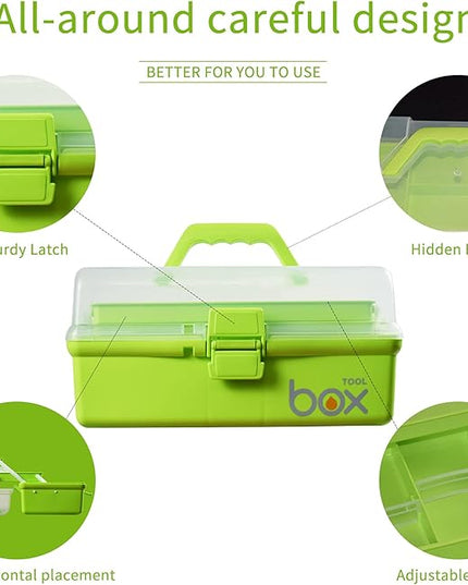 12in 3-Layer Plastic Craft Organizers and Storage, Portable Folding Tackle Box with Handle & Adjustable Dividers, Multipurpose Case for Sewing, Art Supplies, Medicine, Tools (Green)