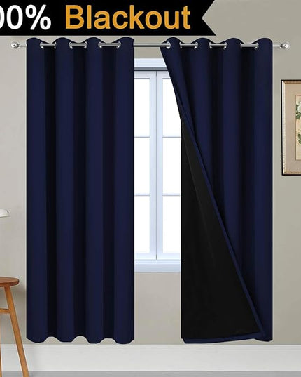 Yakamok 100% Blackout Curtains with Black Liners, Thermal Insulated Full Blackout 2-Layer Lined Drapes Room Darkening Curtain Panel for Bedroom(Navy Blue, 2 Panels, W52 x L72)