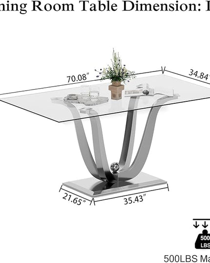 70'' Glass Dining Table for 6 or 8, 0.39" Tempered Glass Tabletop and Silver U Stainless Steel Base, Large Dining Room Table for 6, Home Kitchen Table for Dining Room, Modern Dining Table for 8