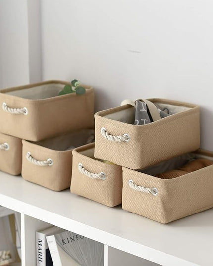 TheWarmHome Storage Basket for Organizing - Small 6 Pack 11.8x7.8x5.2 inch Fabric Storage Cubes with Cotton Rope Handle, Collapsible Storage Bins Baby Storage Toy Nursery (Beige)