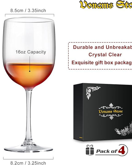 Unbreakable Wine Glasses 16oz - Shatterproof, Reusable, Drink Glassware (Set of 4) For Indoor Outdoor Drinkware Travel, Pool, Camping, Beach, Picnic