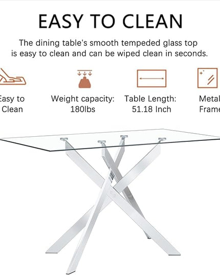51" Rectangular Glass Dining Table Modern Kitchen Glass Top Table for 4 with Silver Metal Legs, Clear Dining Table Kitchen Table for Home Office Dining Room