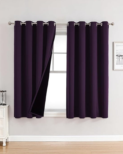 ChrisDowa 100% Blackout Curtains for Bedroom with Black Liner, 2 Thick Layers Total Blackout Thermal Insulated Grommet Window Curtains 2 Panels Set (Royal Purple, 52 x 54 Inch)