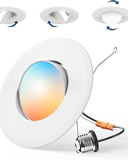 Amico 1 Pack 6 Inch Retrofit Eyeball Gimbal Can Lights, Adjustable Eyeball Directional 5CCT LED Recessed Lights, Dimmable, 2700K/3000K/3500K/4000K/5000K Selectable, 7W 650LM, ETL&FCC