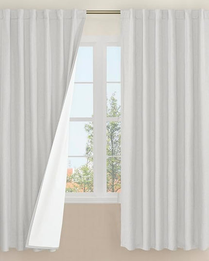 LAMIT 100% Blackout Natural Linen Curtains, 68 Inches Linen Textured Thermal Bedroom Curtains Back Tab and Rod Pocket Neutral Panels with White Liner for Farmhouse, 2 Panels, 52 x 68 Inch, Light Grey
