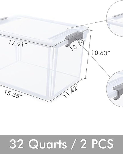 Citylife 32 QT Plastic Storage Bins with Latching Lids Stackable Storage Containers for Organizing Large Clear Storage Box for Garage, Closet, Classroom, Kitchen, 2 Packs