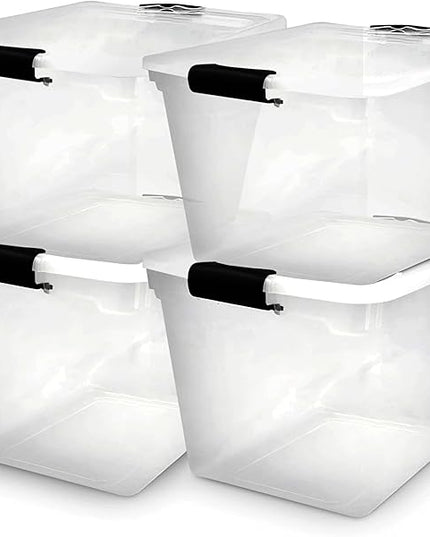 HOMZ 4-Pack Latching Lid, Large Clear Plastic Storage Bins with Lids, 31 Quart, Gray Latch - Stackable Container Boxes for Home, Bathroom, and Office Organization
