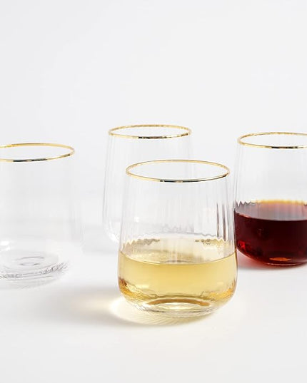 Lysenn Stemless Wine Glasses Set of 4 - Premium Hand Blown Drinking Glasses for White and Red Wine - Elegant Vertical Stripe and Gold Rim Design - Clear 15oz