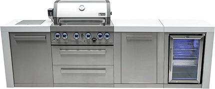 Mont Alpi Premium 4-Burner 107" Deluxe Stainless Steel Island Modular Outdoor Kitchen Island BBQ Gas Grill + Infrared Side & Rear Burners + Refrigerator + Storage Drawers and Cabinets + Rotisserie Kit