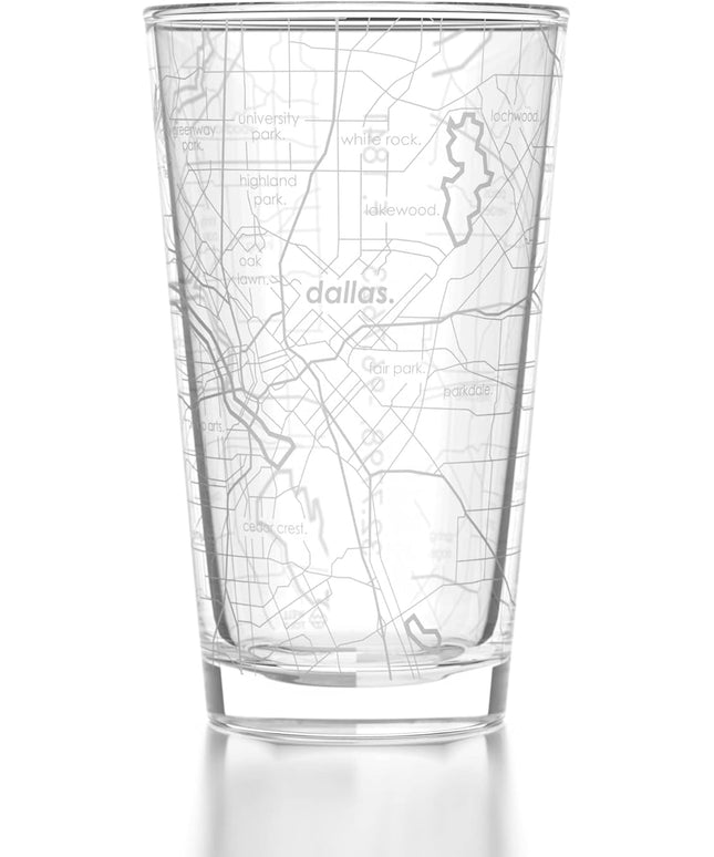 Well Told Engraved Dallas Texas Map Pint Glass, Etched Beer Gift (16 oz, Clear) City Map Pint, Custom City Glassware, Gifts For Beer Lovers