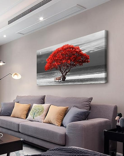 WapluamWall Decor Living Room Large Size Canvas Wall Art For Office Black White With Landscape Moon Wall Painting Red Trees Canvas Pictures Framed Artwork Bedroom Decor Home Decorations 30" X 60"