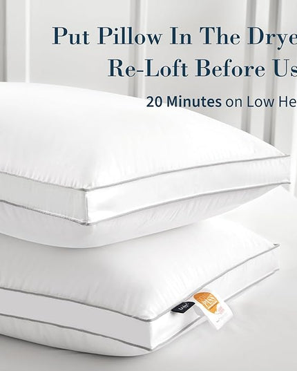 Globon Luxury Feather Down Pillow King Size,Low Soft Gusseted Bed Pillows for Sleeping, Hotel Collection Fluffy Pillow, 18"X34", Set of 2