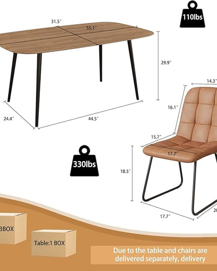 55.1'' Dining Table Set for 4,Modern Wood Dining Table,Leather Dining Chairs 4,Table and Chairs Set of 4,Ideal for Kitchen Dining Room (Walnut Color Table + 4 U-Shaped Brown Chairs, 55.1")