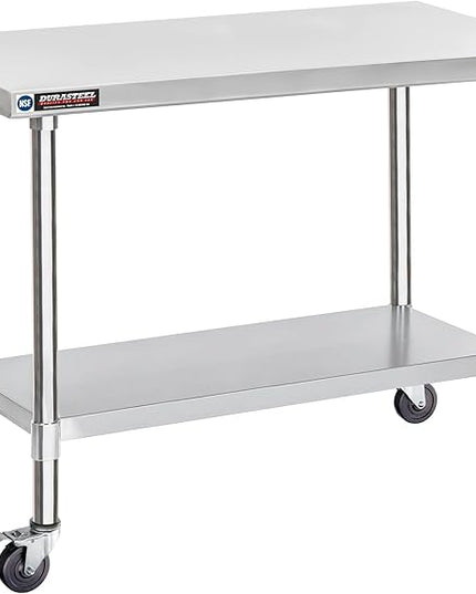 DuraSteel 24x48 NSF Stainless Steel Cart - Heavy Duty Food Prep Table with Undershelf - Rolling Kitchen Island on Wheels for Commercial Restaurant Kitchen, Garage, Outdoor Cooking, BBQ Grill, Counter