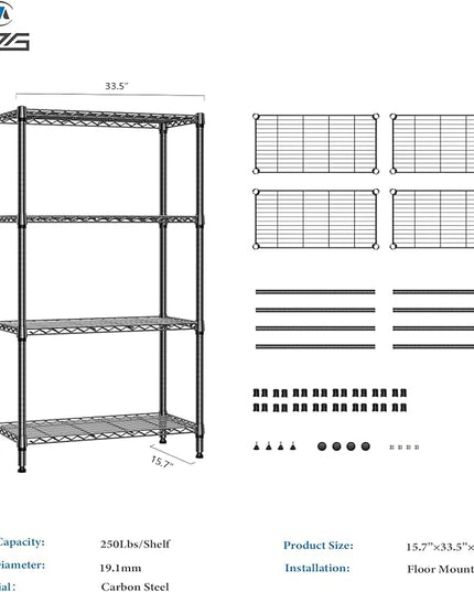 1000 lbs 4 Tier Shelf Metal Storage Shelves Shelving Wire Rack Heavy Duty Closet Organizers for Garage Kitchen Bathroom Laundry Black 15.7" D x 33.5" W x 59.5" H