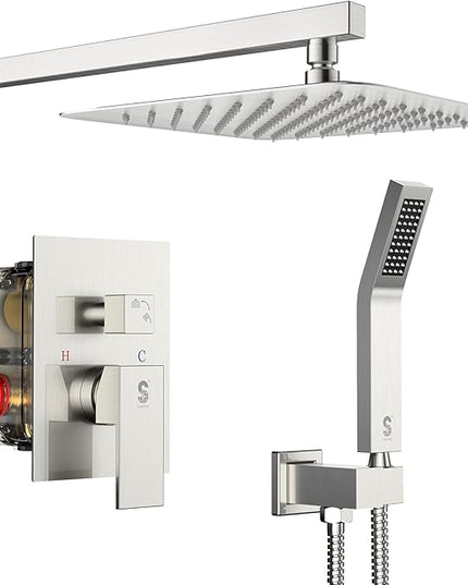 SR SUN RISE 12 Inches Bathroom Luxury Rain Mixer Shower Combo Set Wall Mounted Rainfall Shower Head System Brushed Nickel Finish Shower Faucet Rough-In