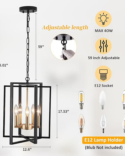 Black and Gold Modern Farmhouse Chandeliers for Dining Room, 5-Light Pendant Light Fixture Adjustable Industrical Entryway Light Fixture Hanging Chandelier for Kitchen Island Entryway Hallway Foyer