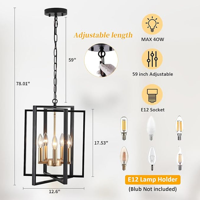 Black and Gold Modern Farmhouse Chandeliers for Dining Room, 5-Light Pendant Light Fixture Adjustable Industrical Entryway Light Fixture Hanging Chandelier for Kitchen Island Entryway Hallway Foyer