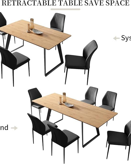 ZckyCine 63"-79" Expandable 6 Person Dining Table Set - Modern Oak Color Table with 6 Black Chairs, Dining Room Dining Table Set for Kitchen and Dining Room