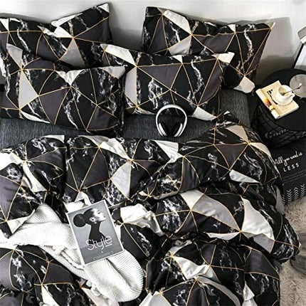 CLOTHKNOW Black White Marble King Size Comforter Set 3Pcs Triangle Plaid Bedding Comforter Set All Season Geometric Comforter