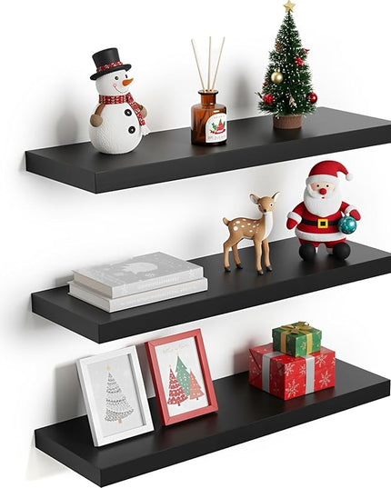 Floating Shelves for Wall, 23.6 inch Long Set of 3 Wood Rustic Wall Mounted Shelves, Display Shelf with Invisible Heavy, Large Deep Shelves for Home Decor & Storage for Living Room, Kitchen
