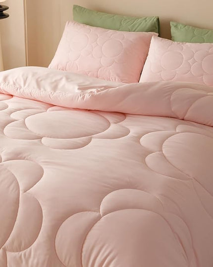 CLOTHKNOW Pink Full Size Comforter Sets Daisy Puff Bedding Comforter Sets Soft Blush Boho Comforter Pink Comforter with 2 x Pillow Cases