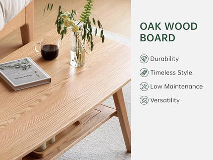 100% Solid Oak Wood Coffee Table for Living Room, 2-Tier Coffee Tables with Shelf Storage, Mid Century Modern Table with Rounded Corners (Natural Colour, 47.24" W x22.05 D x 17.32" H)