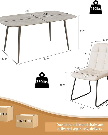 55.1'' Dining Table Set for 4,Modern Wood Dining Table,Leather Dining Chairs 4,Table and Chairs Set of 4,Ideal for Kitchen Dining Room (Gray Table + 4 U-Shaped White Chairs, 55.1")