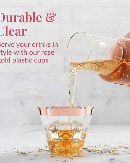 Prestee 100 Rose Gold Plastic Cups - Rose Gold Plastic Cups 9 oz - Party Decorations - Disposable Wine Cup - Clear Cup - Bulk Party Wine Glasses
