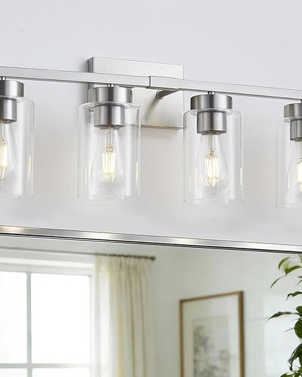4-Light Bathroom Light Fixtures, Nickel Modern Vanity Lights Over Mirror, Bathroom Wall Sconces with Clear Glass Shade for Living Room Bedroom Hallway Cabinet Porch