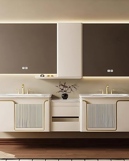 64IN Double Bathroom Vanities with Sink, Double Sink Bathroom Vanity with LED Smart Defogging Mirror and Standing Cabinet Storage | Modern Bathroom Sink, Wall Mounted Installation (Cream White)