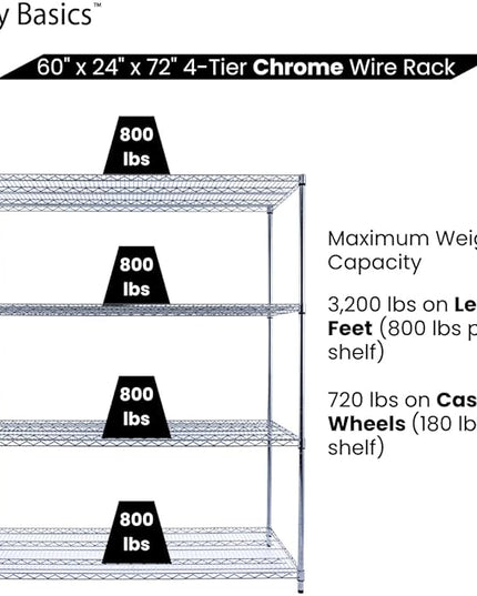 NSF Commercial 4-Tier Wire Shelving with Wheels, 60"x24"x72" Heavy Duty Metal Shelves 3200 lbs Max Capacity, Chrome Storage Rack for Garage Kitchen Pantry Warehouse